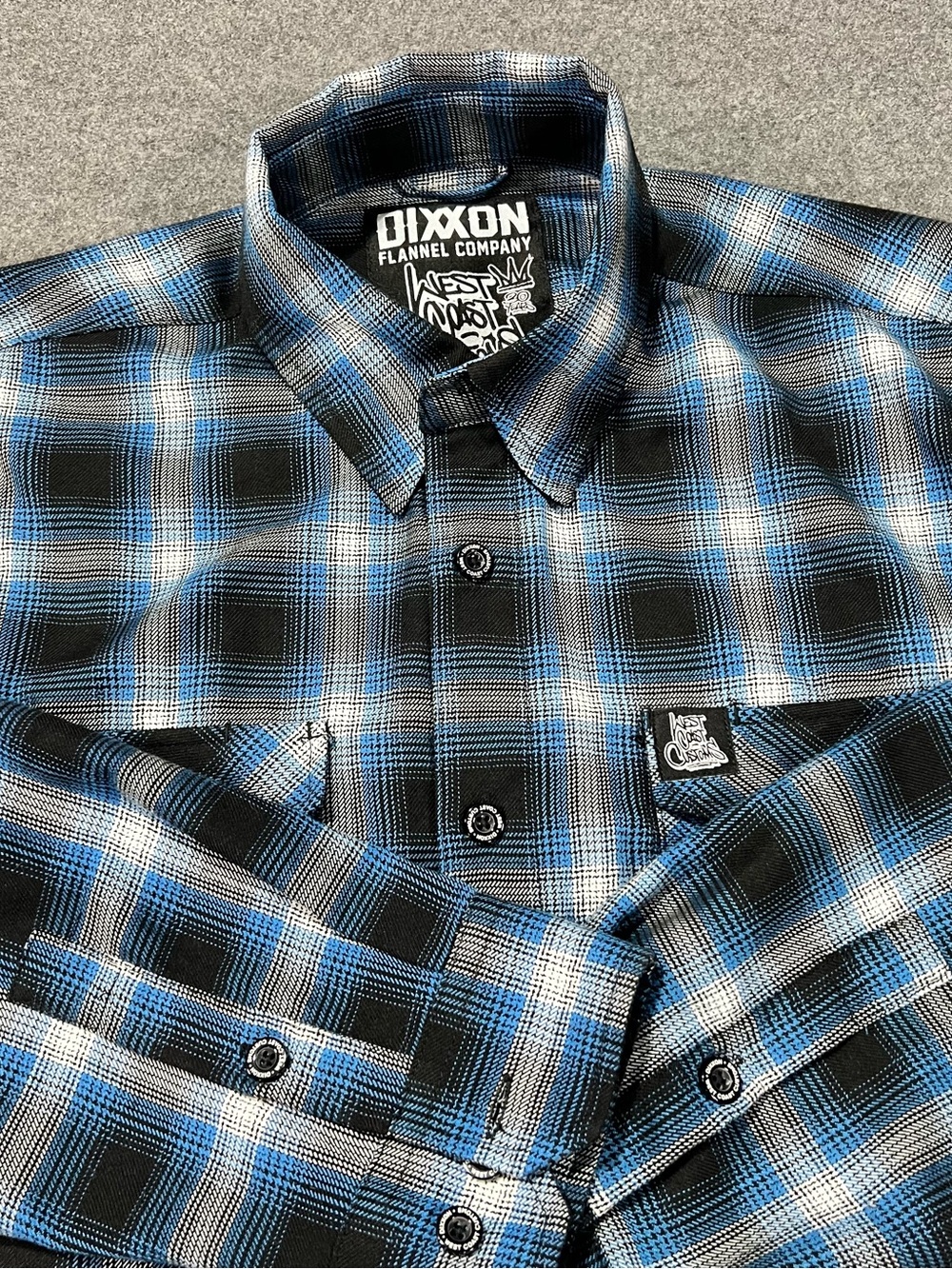 Dixxon Flannel x West Coast Customs Black/Blue/Gray Plaid Button Down Mens Large